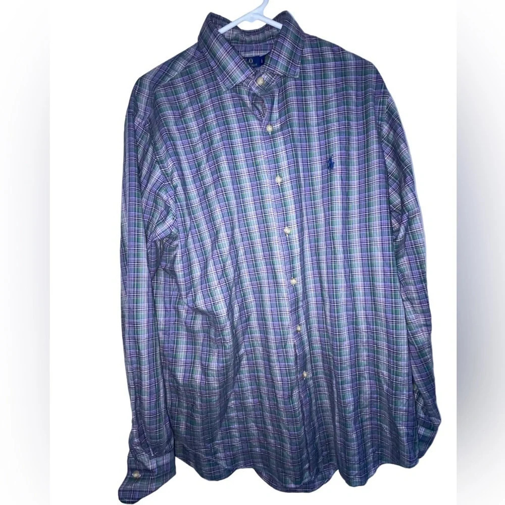 POLO BY RALPH LAUREN MENS GREEN PURPLE PLAID BUTTON DOWN SHIRT LARGE